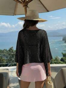 優雅女款春夏時尚休閒度假海灘風粉色針織鏤空亮片船領純色半透視連帽上衣黑色 - 黑色 - 查看 3