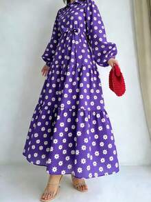 Vestido largo de manga larga con estampado elegante, adecuado para primavera y otoño, para mujeres, de material de poliéster, no elástico, lavable a máquina, apto para vacaciones en todas las estaciones - Morado - Ver 5