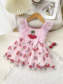 1 pieza Vestido de malla sin mangas con estampado de cerezas para niña bebé, conjunto de verano transpirable - Rosa - Ver 2
