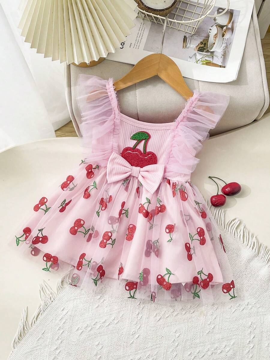 1 pieza Vestido de malla sin mangas con estampado de cerezas para niña bebé, conjunto de verano transpirable