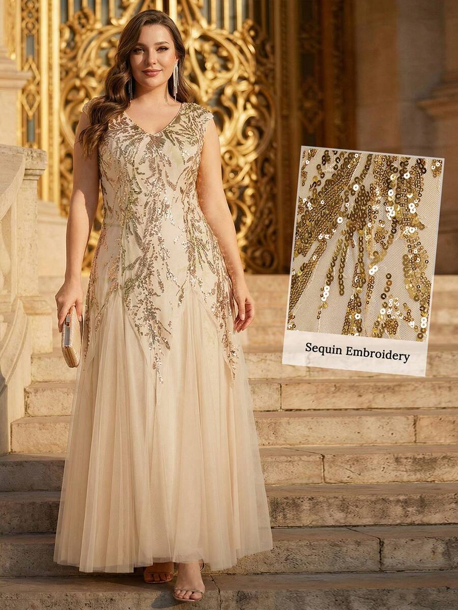Đầm dạ hội dài dáng xòe thanh lịch dành cho nữ cỡ lớn EVERPRETTY, cổ chữ V, tay ngắn, đính sequin lấp lánh, thích hợp cho đám cưới, tiệc mùa xuân.