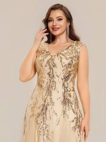 Đầm dạ hội dài dáng xòe thanh lịch dành cho nữ cỡ lớn EVERPRETTY, cổ chữ V, tay ngắn, đính sequin lấp lánh, thích hợp cho đám cưới, tiệc mùa xuân. - Vàng - Xem 3