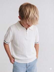Boys' School Style Lyocell Solid Color Polo Shirt Short Sleeve Sweater Thin Knit Half-Zip Cardigan, Suitable For School, Everyday Wear, Spring, Summer, Autumn - White - View 1