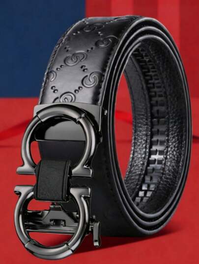 Sleek Black Faux Leather Belt For Men, Gold Double Ring Buckle & Swirl Emboss Design, Ideal For Work & Daily Wear