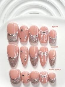 10件套闪亮美甲套装，包含凝胶指甲油、水钻美甲装饰、蝴蝶结和星星装饰，尽显奢华优雅风格，并附赠美甲工具（1个果冻贴+1个指甲锉）。提供三种尺寸：方形、短方形、杏仁形。适合派对、日常、活动、拍照、春夏通勤等场合。 - 彩色 - 查看 1