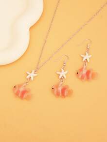 3pcs Fashionable Starfish And Small Fish Pendant Necklaces, Starfish Necklace, Small Fish Necklace, Marine Life Necklaces, Daily Jewelry Gift For Women - Orange - View 2