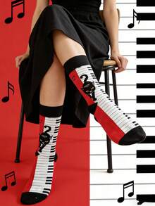 1 Pair Unisex Piano Cat Red Socks, Fashion Versatile Mid-Calf Socks, Suitable For All Seasons - Red - View 6