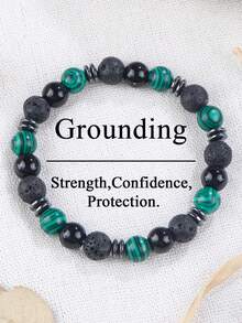 男士手链 8 毫米孔雀石和火山熔岩接地、保护手链，精油扩香灵性饰品，男女皆宜，父亲节礼物 - 彩色 - 查看 8