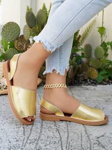planare Giày sandal đế bằng hở mũi, quai hậu, chất liệu giả da, kiểu dáng thường ngày, thoải mái, màu vàng kim, thích hợp cho nữ, đi nghỉ mát. - Vàng - Xem 7