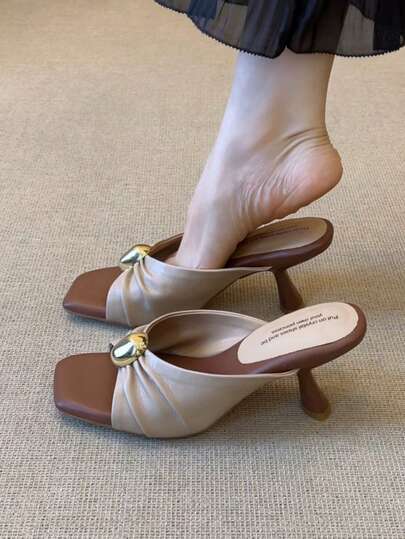 French Retro High-End Elegant Goddess Style High Heel Shoes, Pleated Metal Buckle Strap Sandals For Women