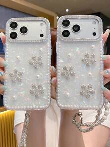 Luxury Rhinestone Flower Pearl Butterfly Shell Pattern Phone Case + Rhinestone Chain Strap, Suitable For IPhone 17 Pro Max/16/15/14/13/12/11, Pearl Rhinestone Phone Lanyard - Multicolor - View 6