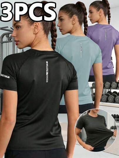 3件纯色短袖T恤 | 冰爽透气面料，个性化字母印花，修身剪裁，时尚舒适，适合夏季外出穿着 黑色