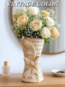 1 pièce Vase rétro nordique avec nœud et bouquet, couleur vintage/crème, décoration maison en résine créative, convient pour le salon/l'entrée, peut également être utilisé pour le bureau, les étagères, les armoires, les rebords de fenêtre et les étagères de piano, décoration de printemps, décoration d'intérieur, vase, vases pour centre de table - A - Voir 7