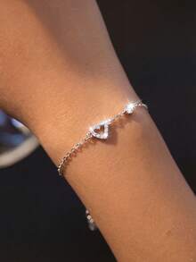 1 chiếc vòng tay hình trái tim rỗng lãng mạn bằng bạc Sterling S925, trang sức hình trái tim tối giản, tinh tế, cá tính dành cho nữ, đính đá lấp lánh, thích hợp đeo hàng ngày, món quà ngọt ngào và đa năng. - Yêu - Xem 9