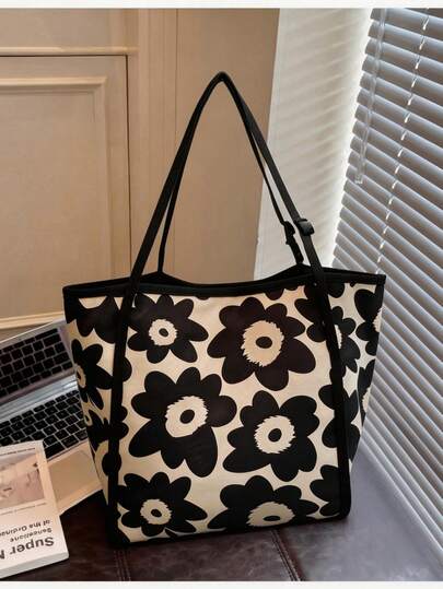1pc Spring/Summer Vacation Season New Canvas Printed Tote Bag, Large Capacity Handheld Sunflower Versatile Shoulder Bag With Adjustable Dual Handles, Suitable For Daily Commute, Vacation And Other Fashionable Women Bags