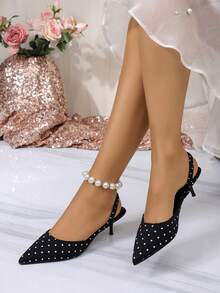 Giày cao gót mũi nhọn hở gót, kiểu dáng retro Pháp đa năng, họa tiết chấm bi, gót mỏng, buộc dây. - màu đen - Xem 4