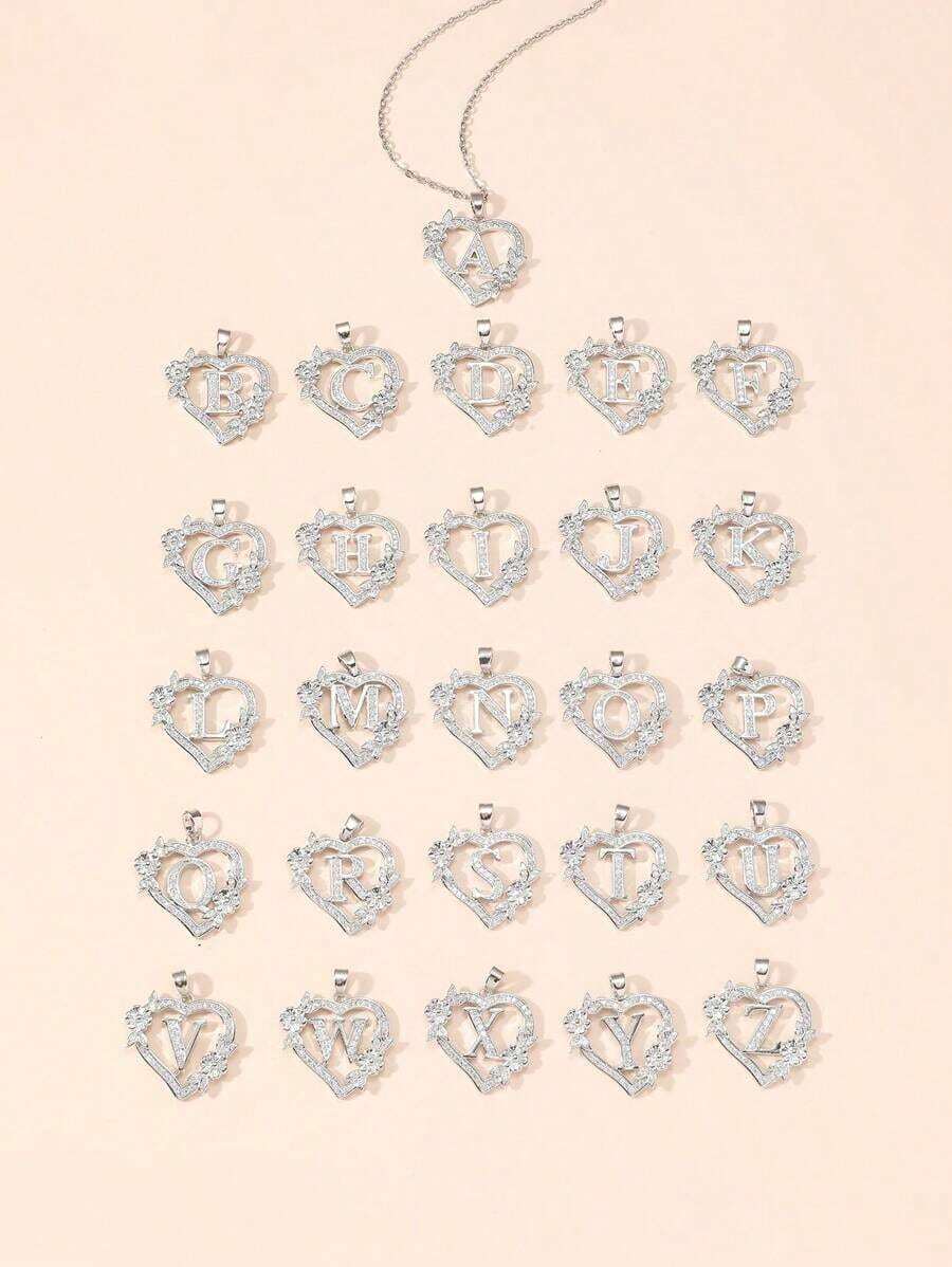 1 Piece Heart-Shaped Floral Letter Necklace, Personalized Heart-Shaped Floral 26-Letter Pendant Necklace, Suitable As A Birthday Gift For Girls. - 銀 - 查看 1