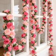 5米/2条装人造双层粉色玫瑰藤蔓花环，适用于情人节、派对、婚礼、生日拱门装饰、婚礼装饰、DIY装饰、母亲节花园装饰、门窗装饰、墙面装饰、礼品包装装饰、家居装饰，经久耐用且柔韧，持久开花不褪色。 - 彩色 - 查看 3