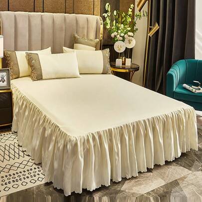 1pc Luxury Soft Brushed Ruffled Bed Skirt, Ivory White Pleated Lace Trim, High Density Breathable Fabric, Comfortable For Nude Sleeping, Highly Elastic With Adjustable Strap, Suitable For Dorm, Single, Double, King Size Beds, Machine Washable