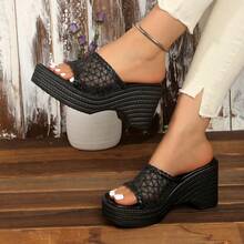 女士时尚镂空网面厚底凉鞋 - 夏季休闲高跟一脚蹬凉鞋 - 黑色 - 查看 14