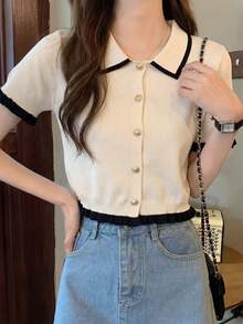 2026春夏女式杏色罗纹针织开衫 - 优雅甜美撞色领口荷叶边短袖上衣，休闲日常穿着、通勤、约会皆宜 - 杏色 - 查看 1