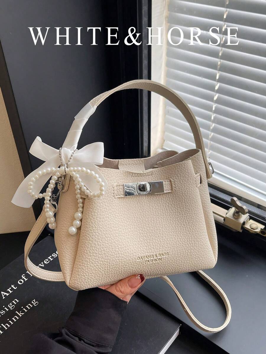 优雅手提包 女士新款单肩斜挎包 纹理锁扣水桶包 - 米色 - 查看 1