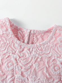 2件組女童幼兒休閒戶外套裝，可愛風格，3D蕾絲設計花卉玫瑰提花圓領背心上衣搭配波浪設計鬆緊腰短褲，夏季款，適合返校、家庭旅行、社交聚會、日常穿著 - 粉色 - 查看 6