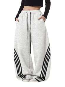 Women's Casual Drawstring Wide Leg Pants Loose Fit Long Polyester Trousers With Side Stripes, Perfect For A Stylish And Baggy Look - Light Grey - View 1