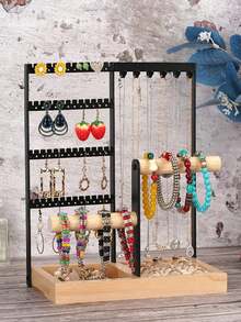 1个首饰收纳盒，4层耳环架（48个孔），6个挂钩项链收纳架，木质手镯戒指盒，母亲节礼物，酷炫学院风家居装饰，情人节礼物 - 彩色 - 查看 7