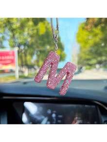 1 pieza Colgante de letra rosa brillante para decoración de coche, accesorio interior de coche, adorno colgante para espejo retrovisor de coche con strass - Colgante con letra rosa - Ver 4