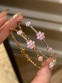 rundraw 1pc Women's Gold-Tone Copper Delicate Bracelet With CZ Inlay, Suitable For Party, Ball, Wedding - Flowers - View 13