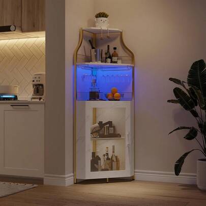 Gabinete de la barra de esquina con soportes de vidrio y luz, estante de vino desmontable, aparador pequeño, gabinete de buffet con puerta de malla - estante de almacenamiento de esquina para la barra de casa y el almacenamiento de la sala de estar