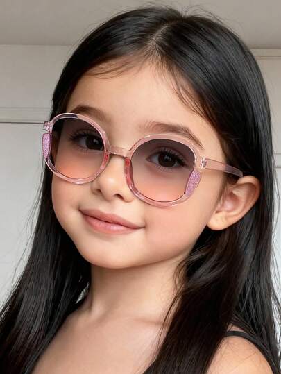 1副儿童复古时尚眼镜，适合3-8岁儿童，聚碳酸酯不对称半透明粉色镜框，休闲个性复古独特百搭，适合外出和节日派对，附赠眼镜盒