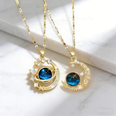 Set de 2 collares con colgante de planeta y luna soñadora, un versátil choker adecuado para mujeres, un gran regalo para amigos y familiares