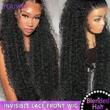 200%巴西真人发混纺假发，深波浪13x4蕾丝前假发，带发际线，预修剪，带婴儿发，长卷混发，精灵短发假发，透明蕾丝前假发，自然黑 - 自然色&黑色系 - 查看 2