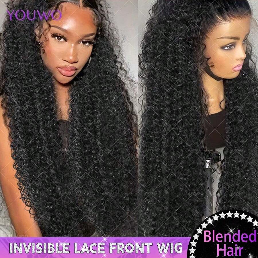 200%巴西真人发混纺假发，深波浪13x4蕾丝前假发，带发际线，预修剪，带婴儿发，长卷混发，精灵短发假发，透明蕾丝前假发，自然黑