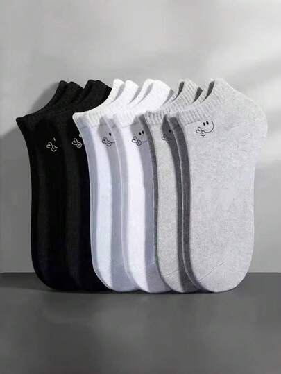 6/9/15/30双笑脸浅嘴图案涤纶船袜，黑/白/灰，随机混色，热门跨境商品，春夏款