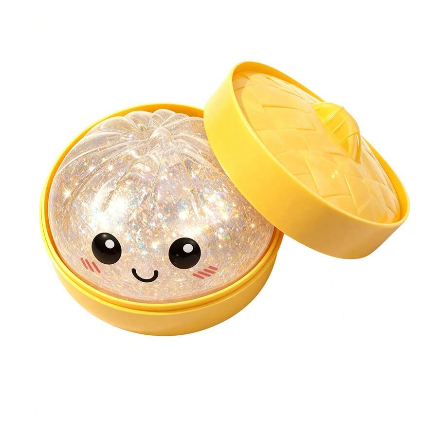 Cute Glitter Steamed Bun Squishy Toy, Kawaii Baozi Squishies With Yellow Steamer Case, Slow Rising Soft Squeeze Fidget Squishy Toys For Stress Relief & Kids Sensory Play - 1pc - 查看 1