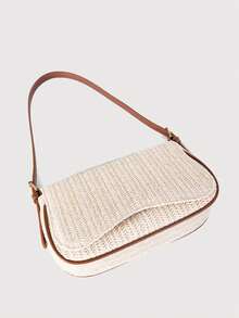 Women's Fashionable Retro Patchwork Vacation Style Straw Shoulder Bag - Beige - View 7