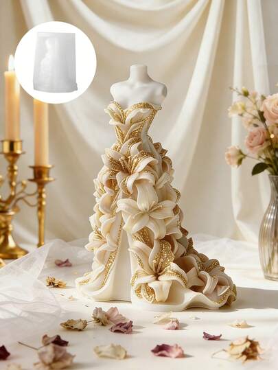 1个DIY硅胶蜡烛和肥皂模具，婚纱压纹设计，包含百合花压纹婚纱图案 - 适合手工爱好者和家居达人制作蜡烛、树脂装饰品和香薰蜡片，是节日派对礼物和家居装饰的理想之选。