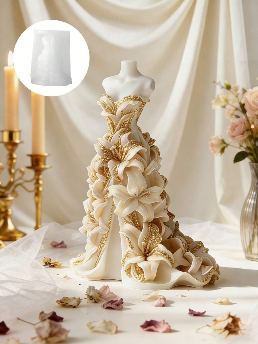 1pc DIY Silicone Candle And Soap Mold, For Wedding Dress Embossed Design, Including Lily Flower Embossed Dress Wedding Dress Design - Suitable For Handicraft Enthusiasts And Home Experts To Make Candles, Resin Decorations And Aromatherapy Wax Tablets, Ideal For Holiday Party Gifts And Home Decor - Lily Skirt Mold - View 1