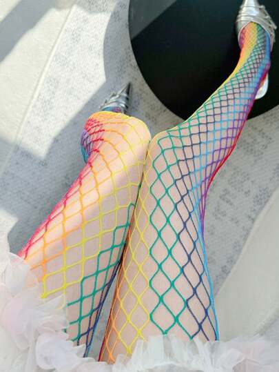 Y2K Colorful Fishnet Tights, Rainbow Color Mesh Patchwork Fishnet Pantyhose