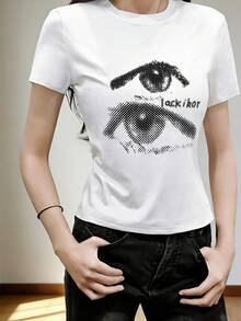 女士圆领短袖T恤，新款夏季眼睛字母印花设计，时尚修身露脐上衣，休闲白色 - 白色 - 查看 2