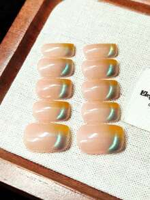Uñas postizas hechas a mano, estilo corto en forma de T, degradado francés con efecto ojo de gato, rosa nude transparente gélido, contraste de punta amarillo-verde, con brillo delicado tipo perla, brillante y llamativo, estilo minimalista de alta gama, fresco y natural, uñas reutilizables hechas a mano - Rosa - Ver 7