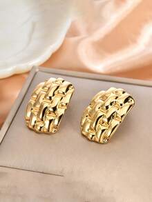 1 Pair New Asymmetrical Oval Textured Lightweight Fashionable Jewelry Stainless Steel Earrings, Suitable For Daily Wear All Year Round - Gold - View 8