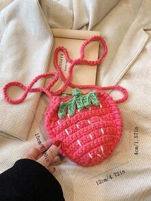 Cute Strawberry Knitted Pouch, Handmade Niche Design Woven Bag, Coin Crossbody Purse, Strawberry - 粉色 - 查看 3