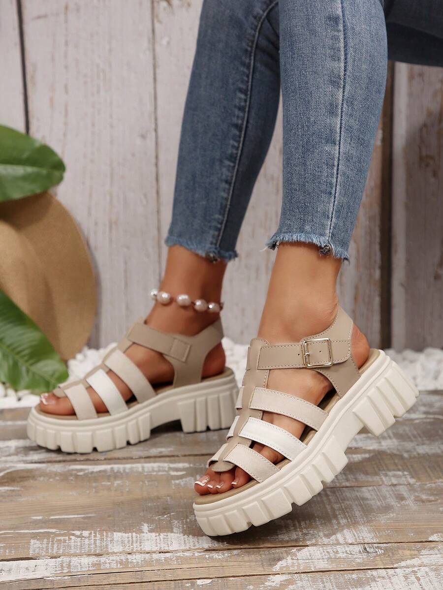 Giày sandal nữ đế xuồng cao, thoáng khí, gót dày, kiểu dáng retro, chất liệu dệt kim, thích hợp cho sinh hoạt hàng ngày. - màu trắng nhạt - Xem 1