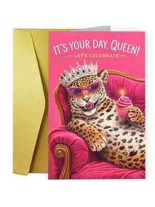 1Pc Cute Special Occasion Celebration Card Designed Specifically For Women, Featuring A Fun Leopard Print Pattern Of Wearing A Crown, Fashionable Glasses, And Holding A Cupcake, With A Pink Sofa As The Background, And A Birthday Card - 18*13cm - View 10