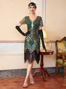 Đầm Flapper tay dài, đính sequin và tua rua, lấy cảm hứng từ phong cách F. Scott Fitzgerald những năm 1920. - Màu xanh lá cây đậm - Xem 11