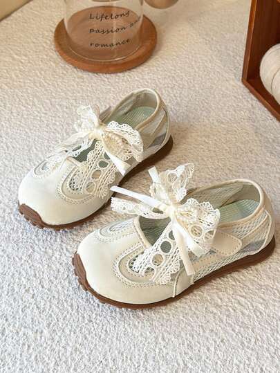 Girls' Breathable Sports Shoes, Lace Bow Princess Style Casual Sneakers, Spring/Summer